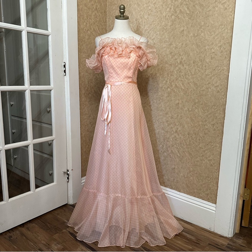 VTG 70s 80s Retro Peach Gingham Ruffle Flocked Off the Shoulder Formal Dress
